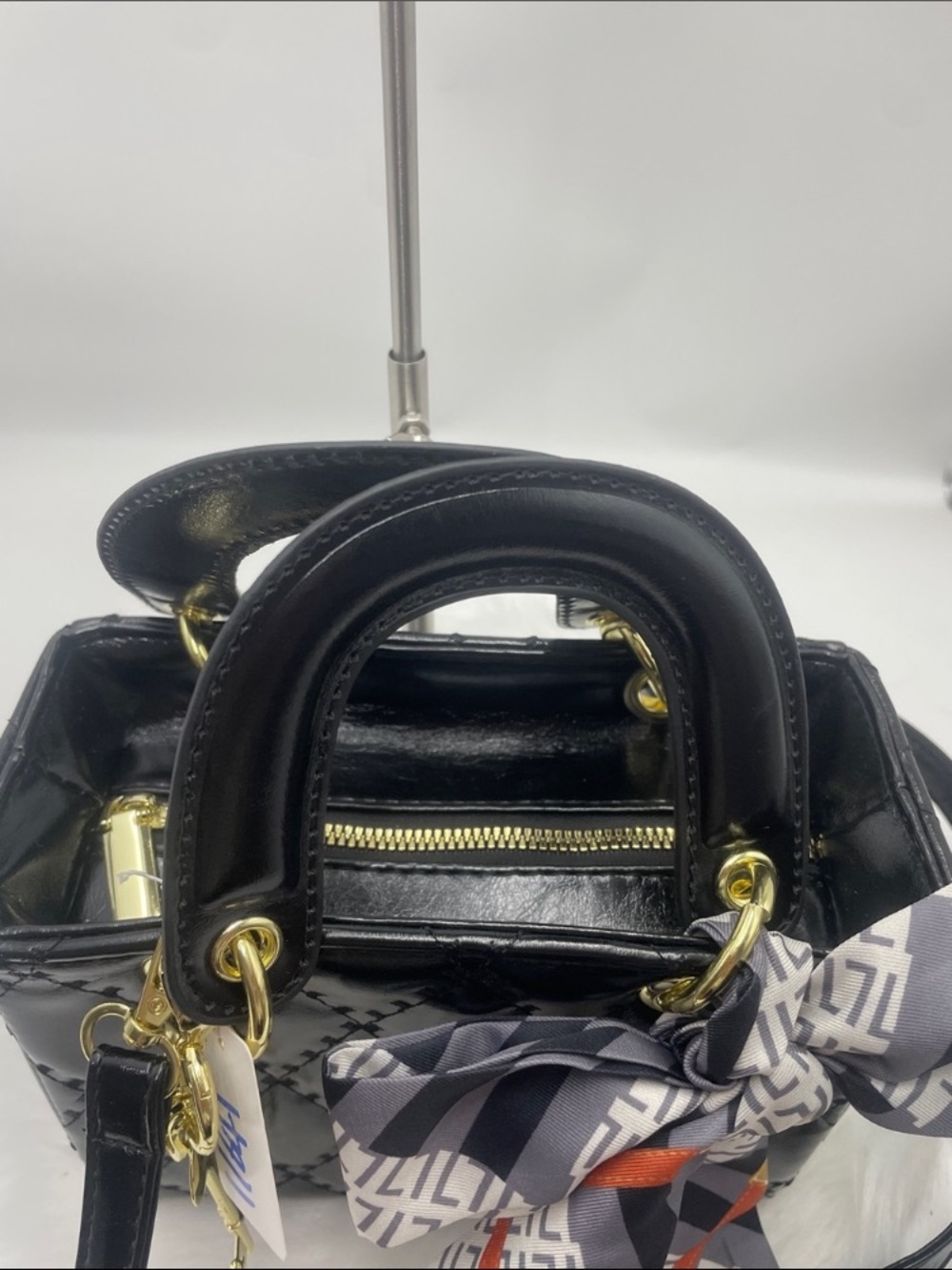 Source Unknown Black Quilted Patent Satchel with Scarf Accent - Picture 2 of 4